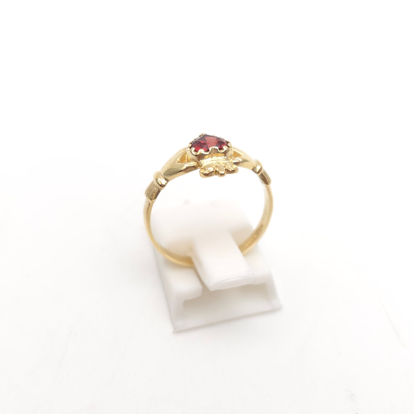 9ct Yellow Gold Heart Cut Garnet Claddagh Ring