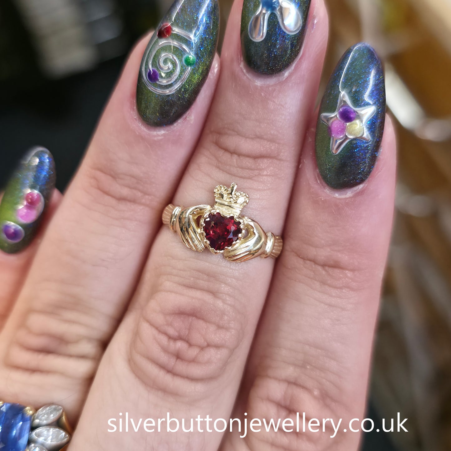 9ct Yellow Gold Heart Cut Garnet Claddagh Ring