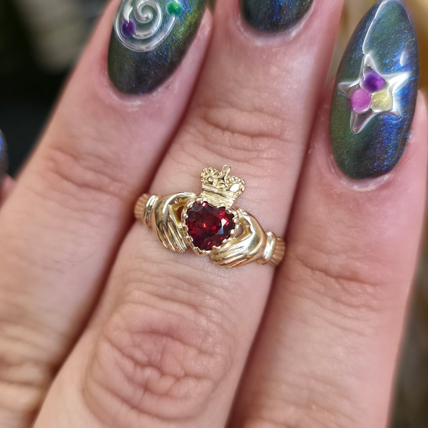 9ct Yellow Gold Heart Cut Garnet Claddagh Ring