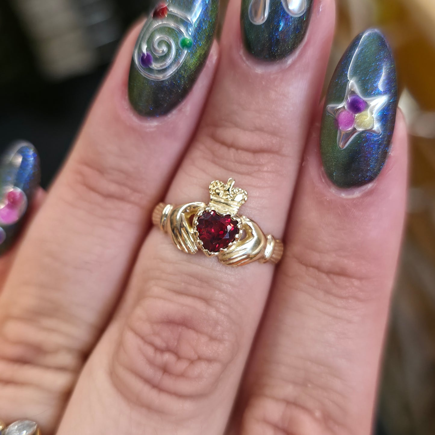 9ct Yellow Gold Heart Cut Garnet Claddagh Ring