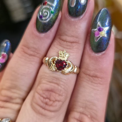 9ct Yellow Gold Heart Cut Garnet Claddagh Ring