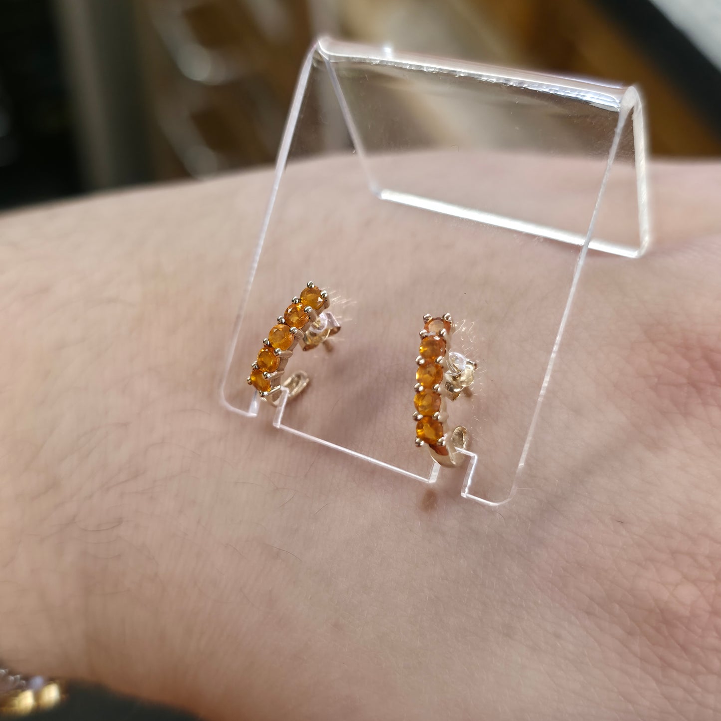 9ct Yellow Gold Fire Opal Half Hoop Style Stud Earrings