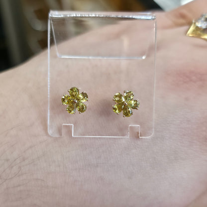 9ct Yellow Gold Pear Cut Peridot Flower Floral Cluster Stud Earrings