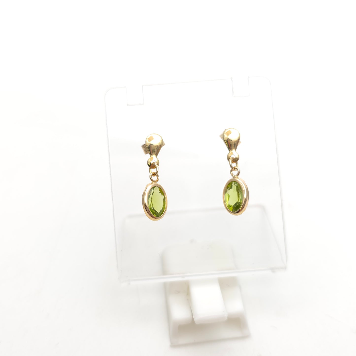9ct Yellow Gold Oval Cut Peridot Bezel Set Drop Earrings