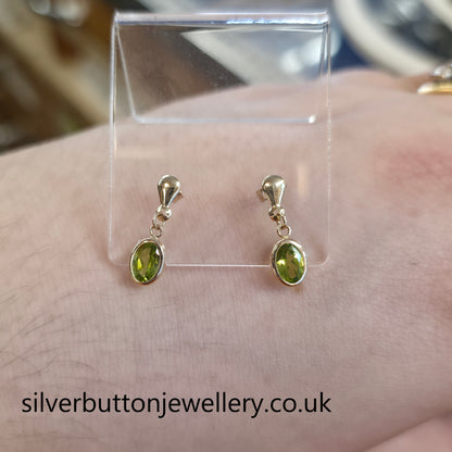 9ct Yellow Gold Oval Cut Peridot Bezel Set Drop Earrings