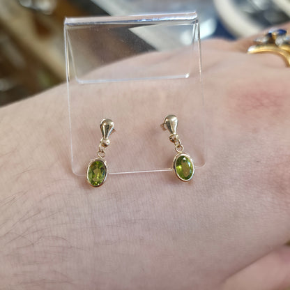 9ct Yellow Gold Oval Cut Peridot Bezel Set Drop Earrings