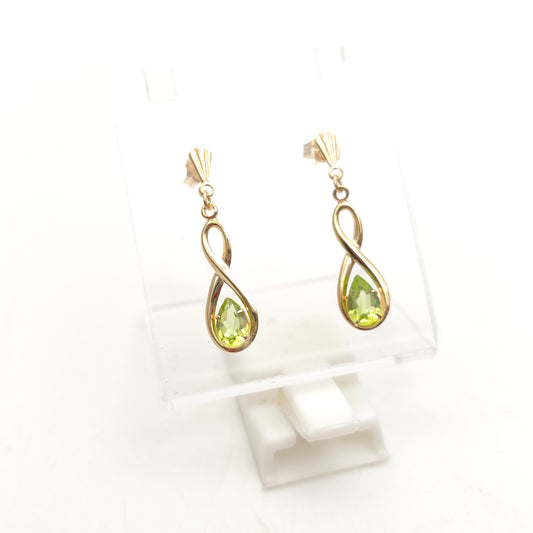 9ct Yellow Gold Crossover Double Loop Pear Cut Peridot Drop Earrings