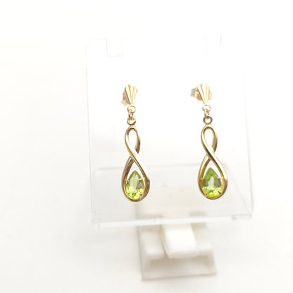 9ct Yellow Gold Crossover Double Loop Pear Cut Peridot Drop Earrings