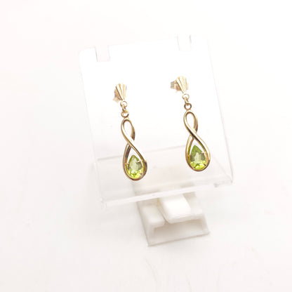 9ct Yellow Gold Crossover Double Loop Pear Cut Peridot Drop Earrings