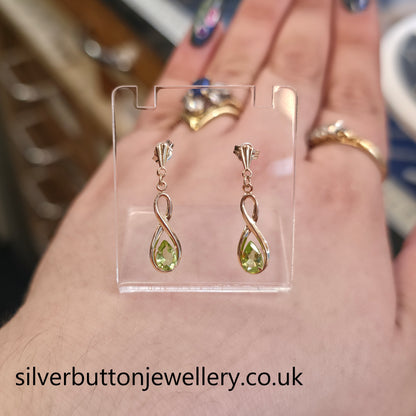 9ct Yellow Gold Crossover Double Loop Pear Cut Peridot Drop Earrings