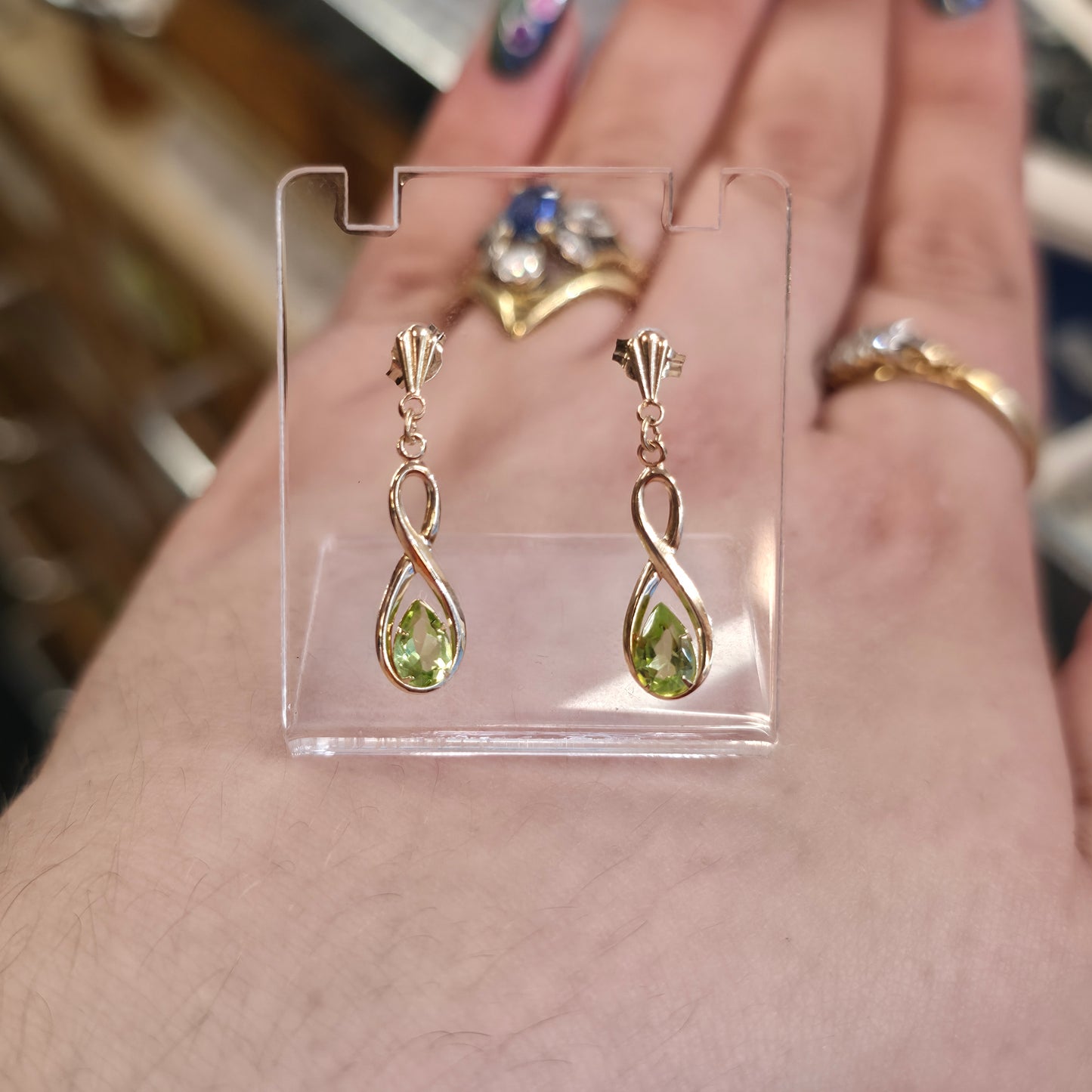9ct Yellow Gold Crossover Double Loop Pear Cut Peridot Drop Earrings