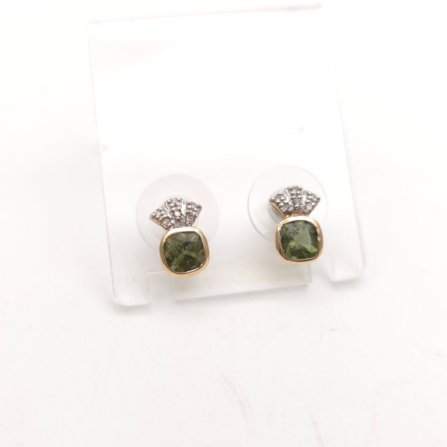 9ct Yellow Gold Cushion Cut Moldavite Green Stone And Diamond Stud Earrings