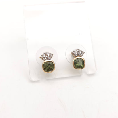 9ct Yellow Gold Cushion Cut Moldavite Green Stone And Diamond Stud Earrings