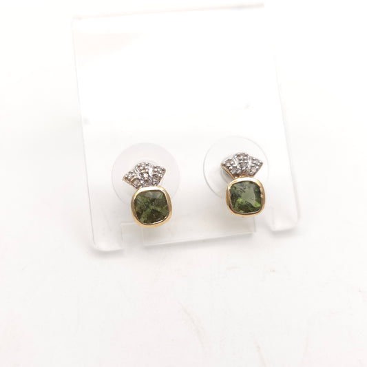 9ct Yellow Gold Cushion Cut Moldavite Green Stone And Diamond Stud Earrings