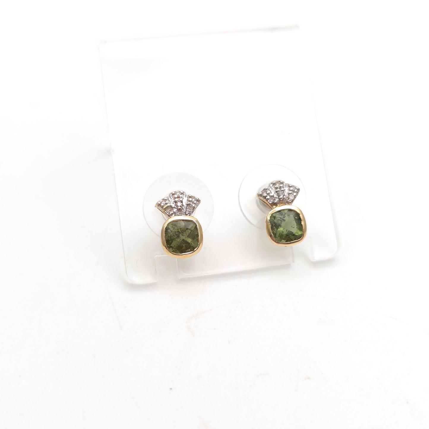 9ct Yellow Gold Cushion Cut Moldavite Green Stone And Diamond Stud Earrings