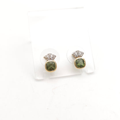 9ct Yellow Gold Cushion Cut Moldavite Green Stone And Diamond Stud Earrings