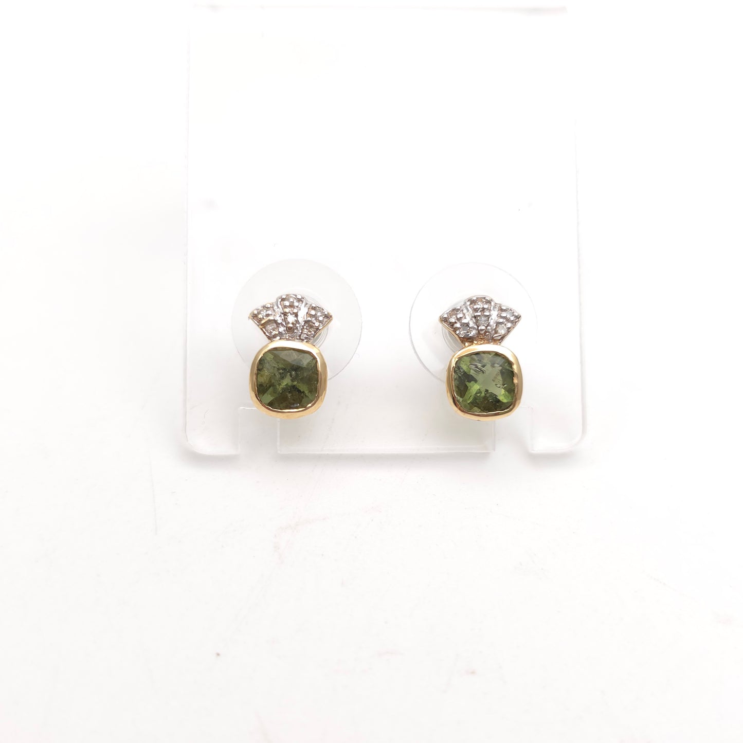 9ct Yellow Gold Cushion Cut Moldavite Green Stone And Diamond Stud Earrings