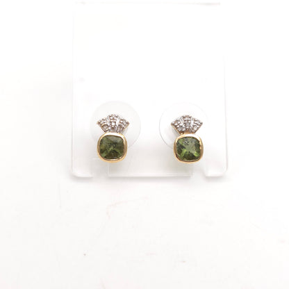 9ct Yellow Gold Cushion Cut Moldavite Green Stone And Diamond Stud Earrings