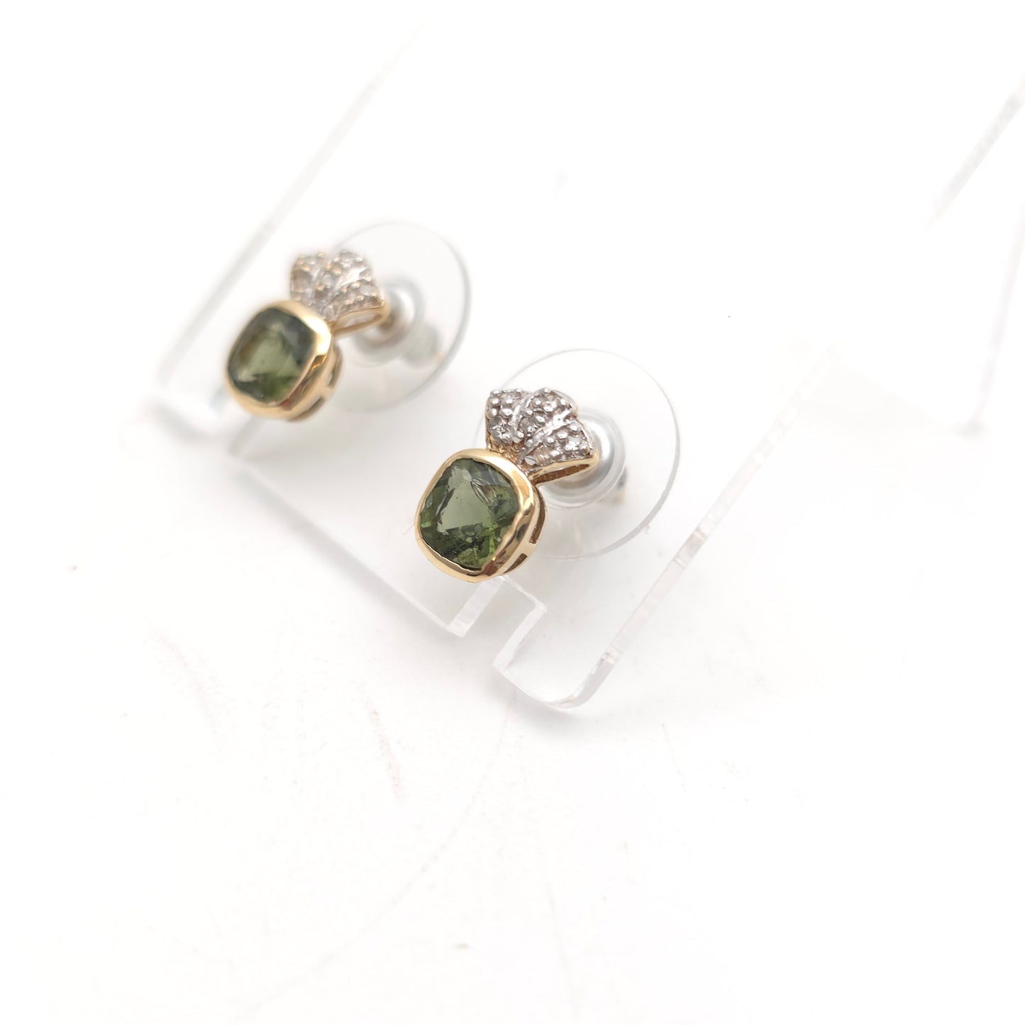 9ct Yellow Gold Cushion Cut Moldavite Green Stone And Diamond Stud Earrings