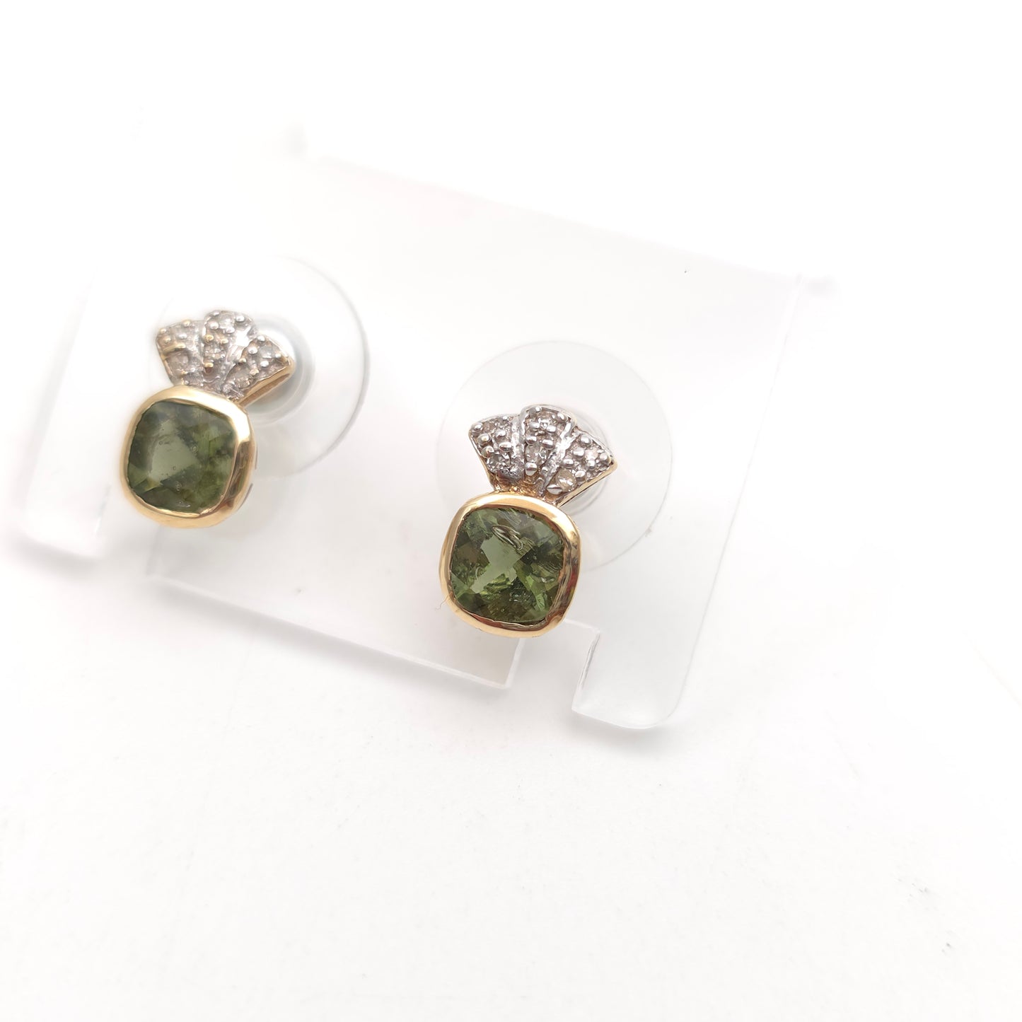 9ct Yellow Gold Cushion Cut Moldavite Green Stone And Diamond Stud Earrings