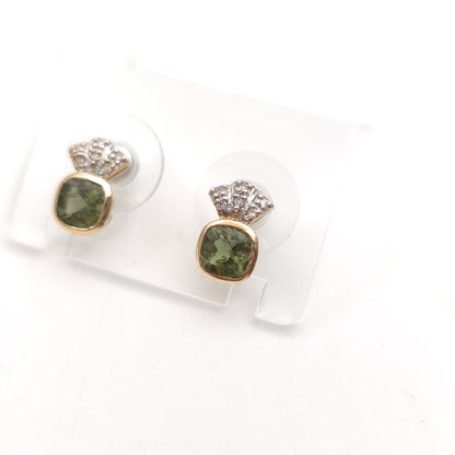 9ct Yellow Gold Cushion Cut Moldavite Green Stone And Diamond Stud Earrings