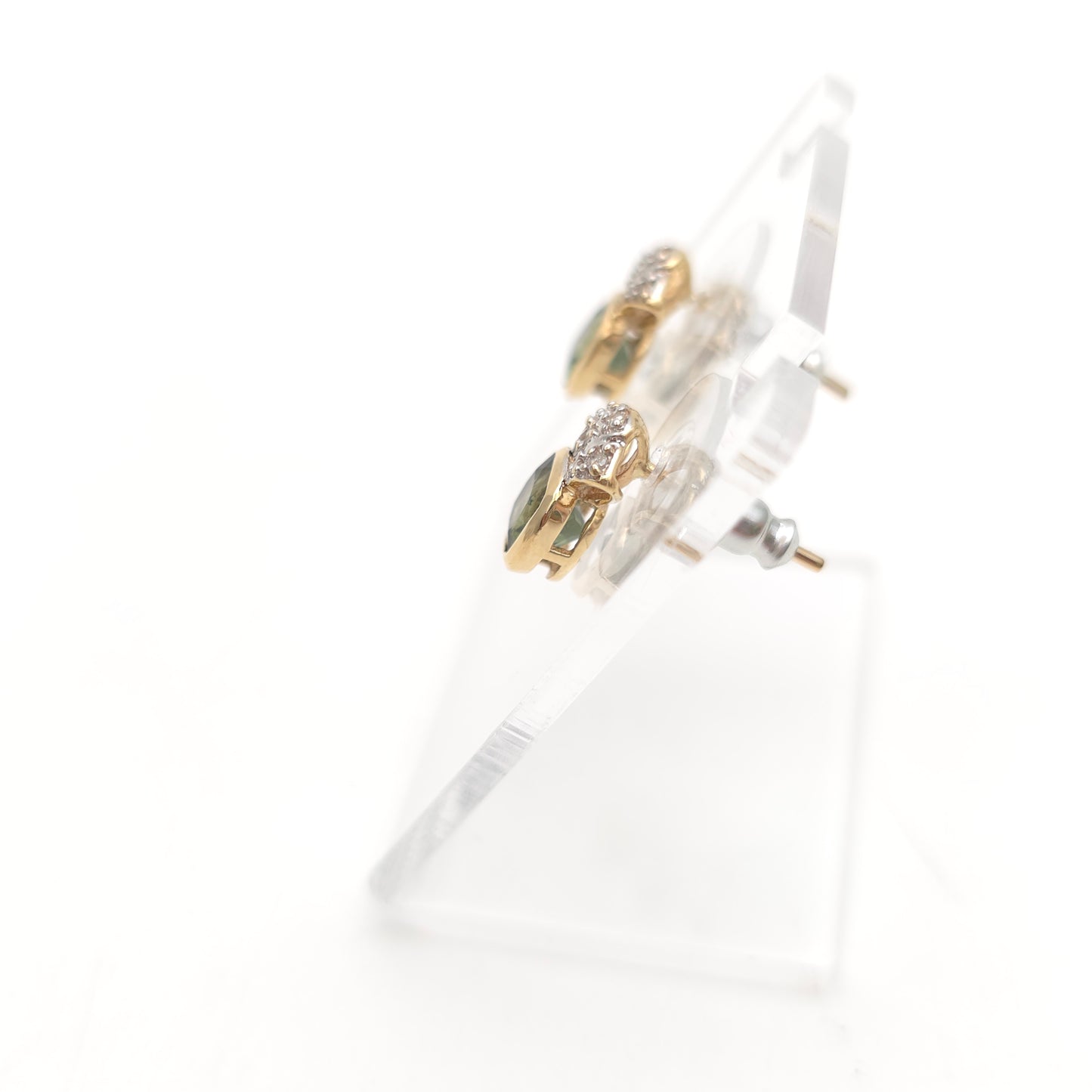 9ct Yellow Gold Cushion Cut Moldavite Green Stone And Diamond Stud Earrings