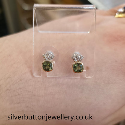 9ct Yellow Gold Cushion Cut Moldavite Green Stone And Diamond Stud Earrings