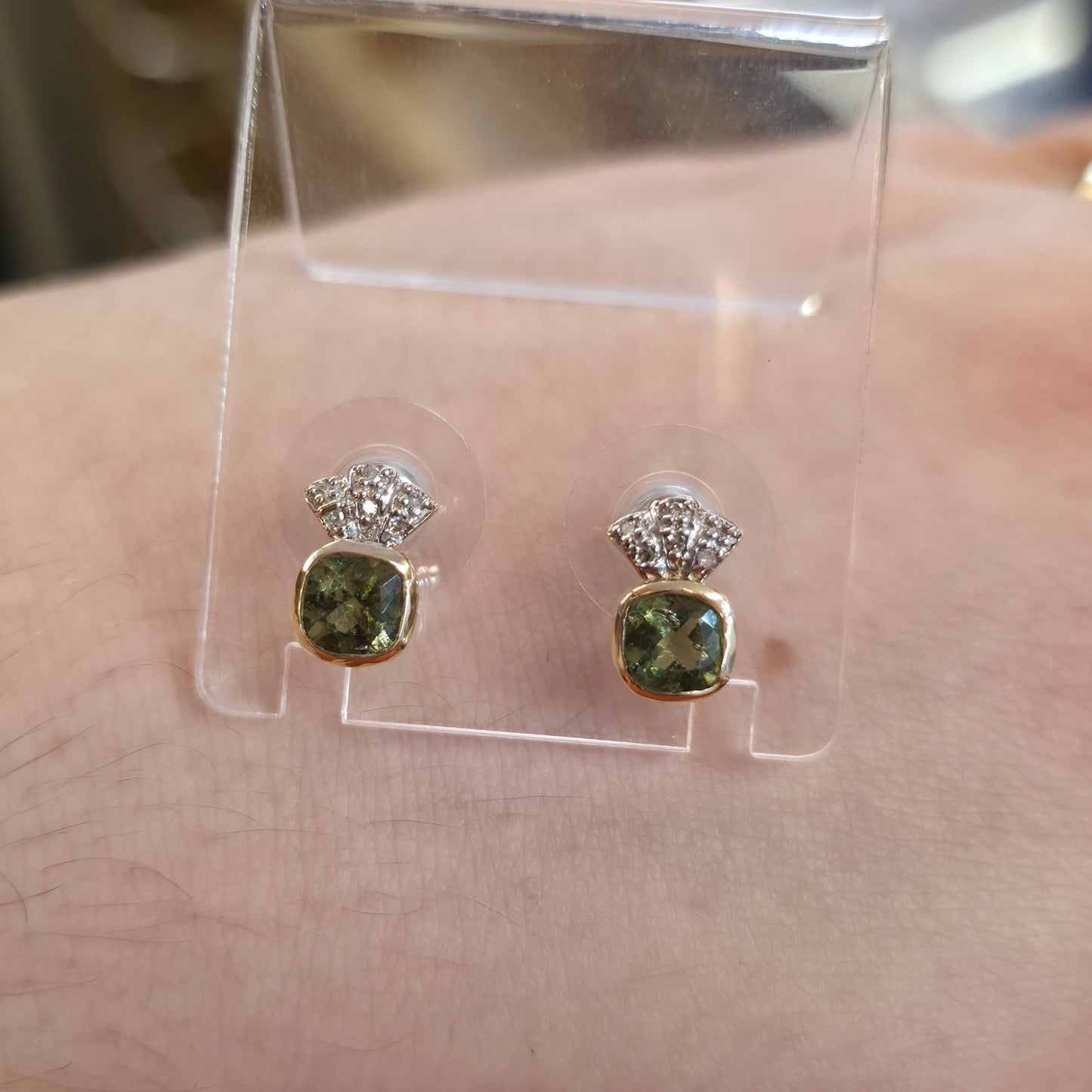 9ct Yellow Gold Cushion Cut Moldavite Green Stone And Diamond Stud Earrings