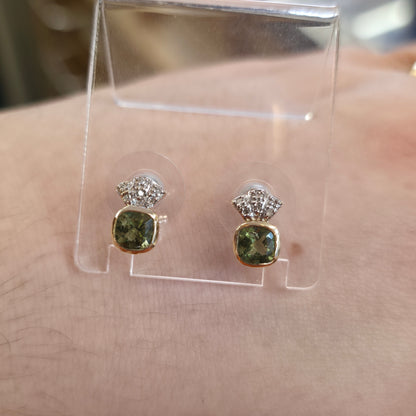9ct Yellow Gold Cushion Cut Moldavite Green Stone And Diamond Stud Earrings