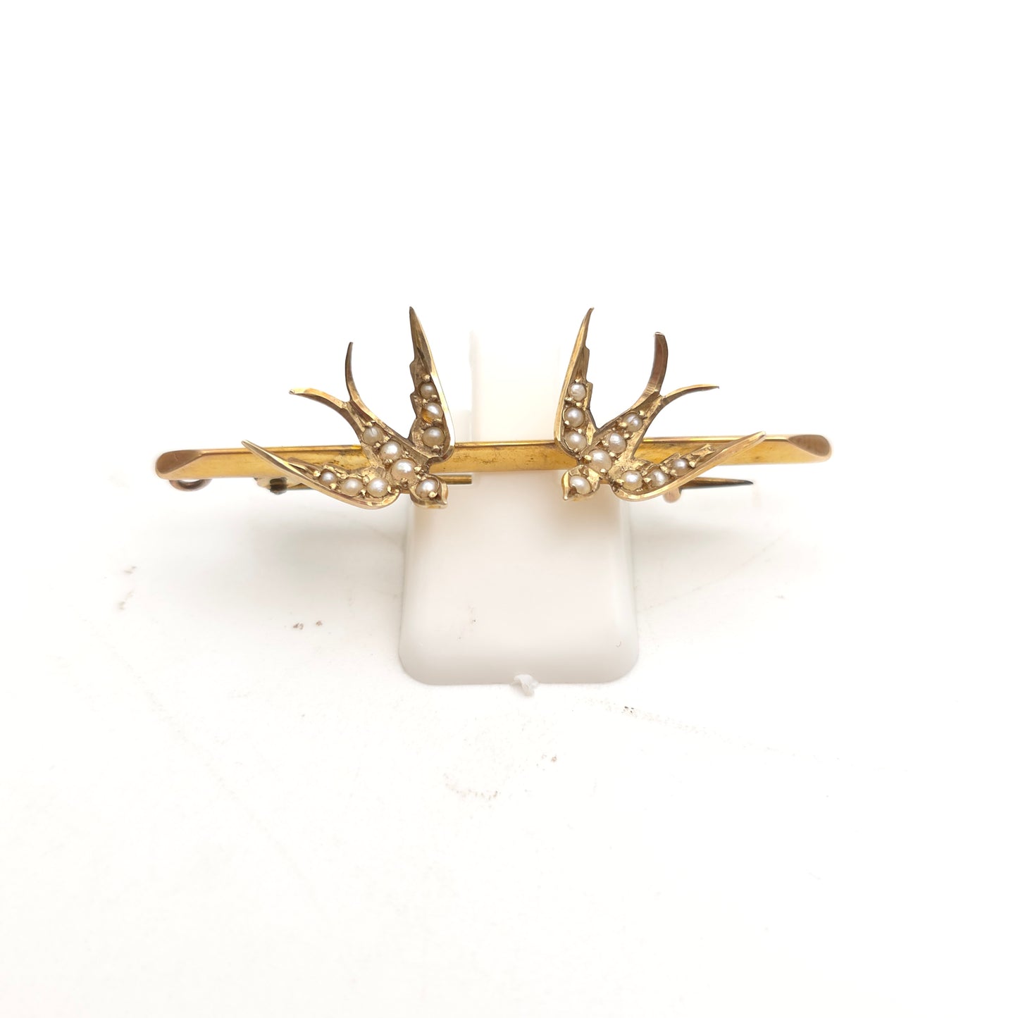 9ct Yellow Gold Antique Seed Pearl Set Two Swallow Bar Brooch