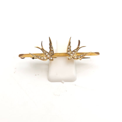 9ct Yellow Gold Antique Seed Pearl Set Two Swallow Bar Brooch