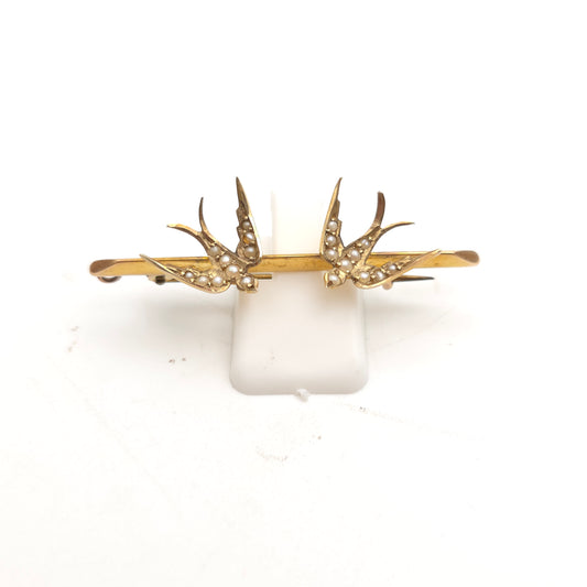 9ct Yellow Gold Antique Seed Pearl Set Two Swallow Bar Brooch