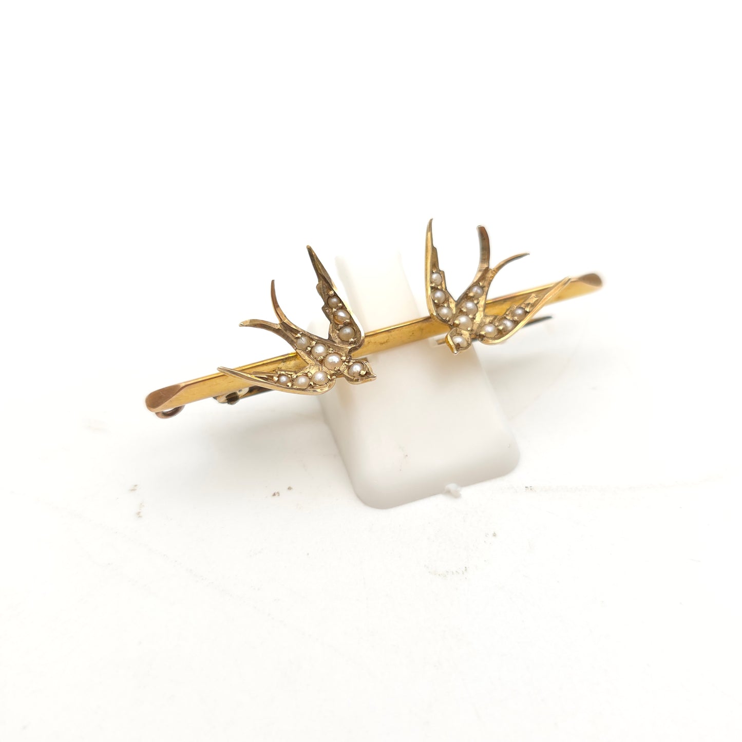 9ct Yellow Gold Antique Seed Pearl Set Two Swallow Bar Brooch