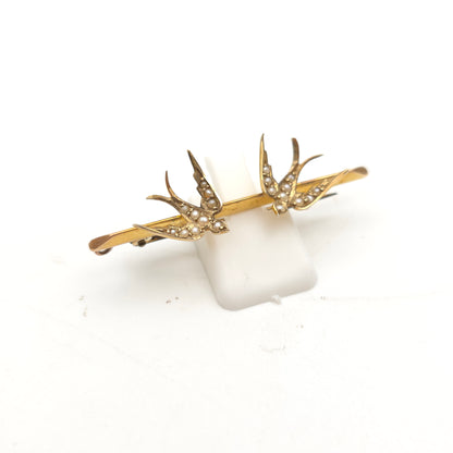 9ct Yellow Gold Antique Seed Pearl Set Two Swallow Bar Brooch