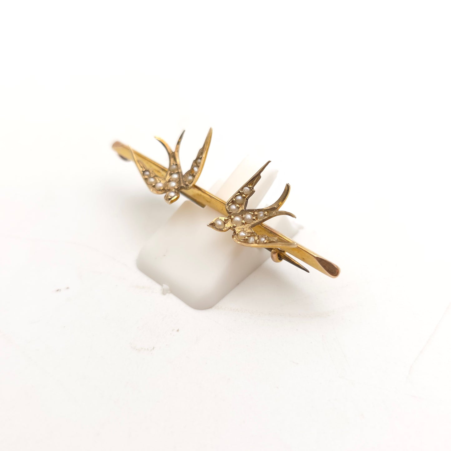 9ct Yellow Gold Antique Seed Pearl Set Two Swallow Bar Brooch