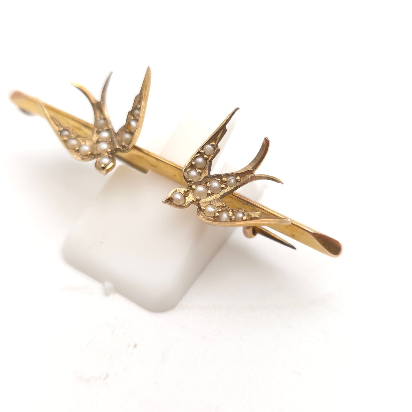 9ct Yellow Gold Antique Seed Pearl Set Two Swallow Bar Brooch