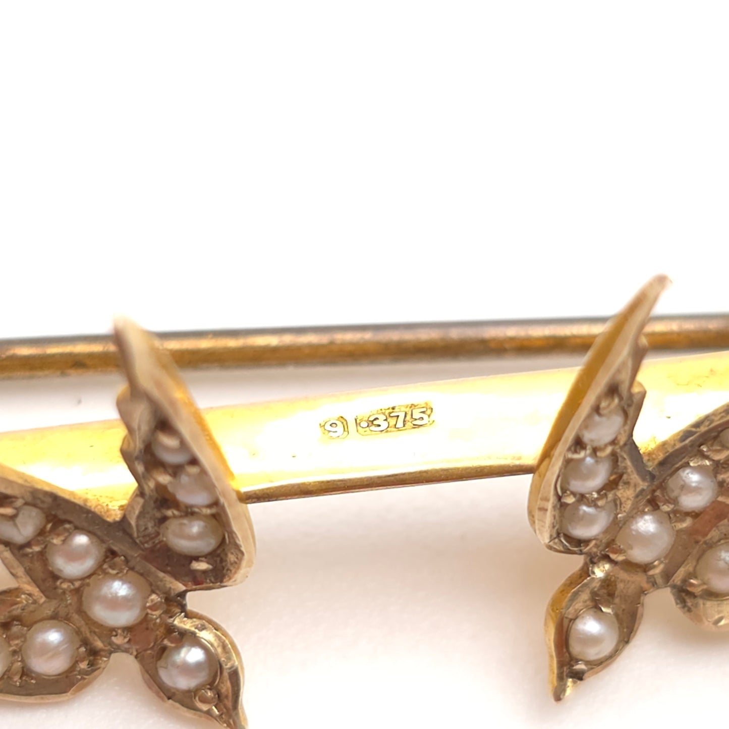 9ct Yellow Gold Antique Seed Pearl Set Two Swallow Bar Brooch
