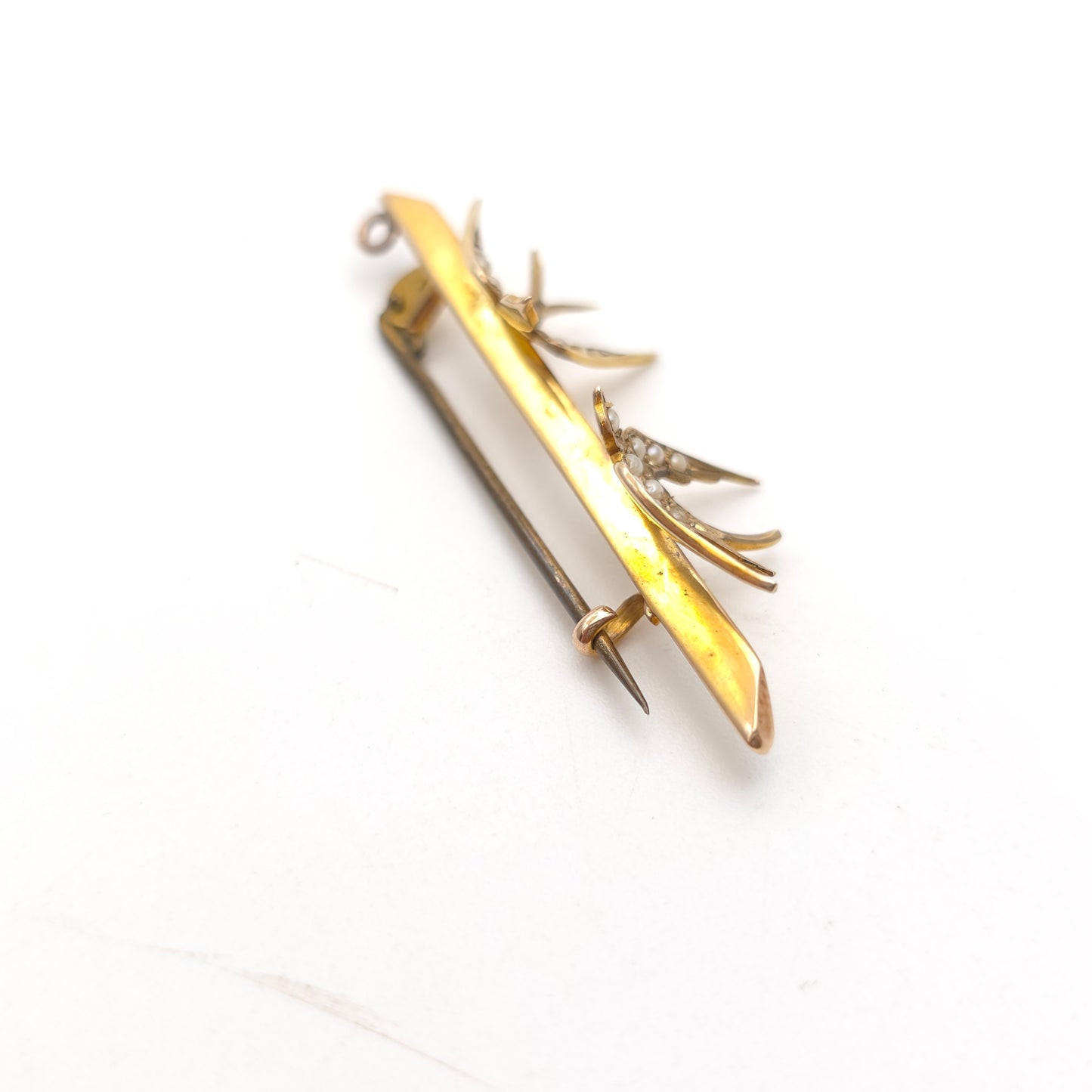 9ct Yellow Gold Antique Seed Pearl Set Two Swallow Bar Brooch