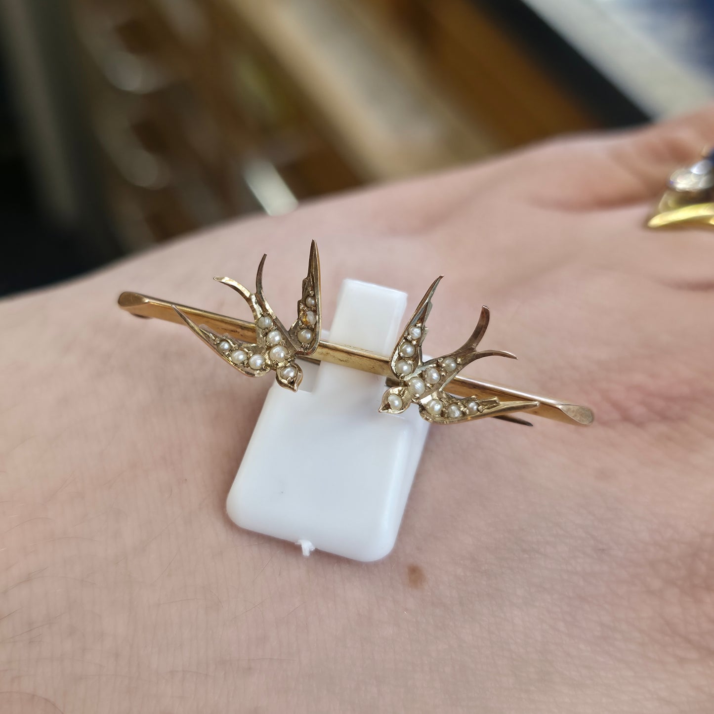 9ct Yellow Gold Antique Seed Pearl Set Two Swallow Bar Brooch