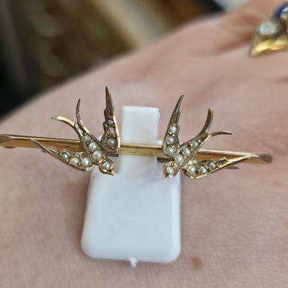 9ct Yellow Gold Antique Seed Pearl Set Two Swallow Bar Brooch