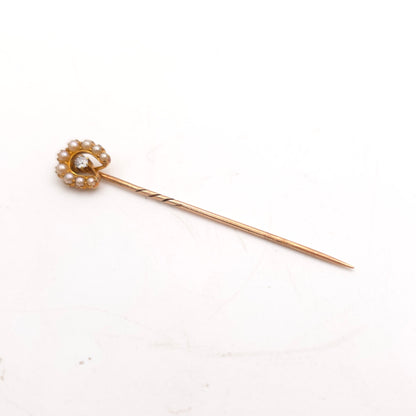 9ct Yellow Gold Antique Pearl And Diamond Horseshoe Stick Pin