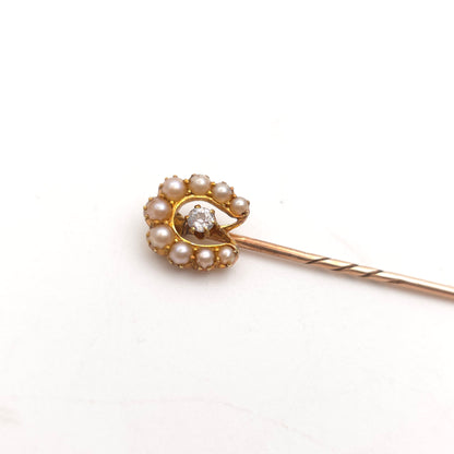 9ct Yellow Gold Antique Pearl And Diamond Horseshoe Stick Pin