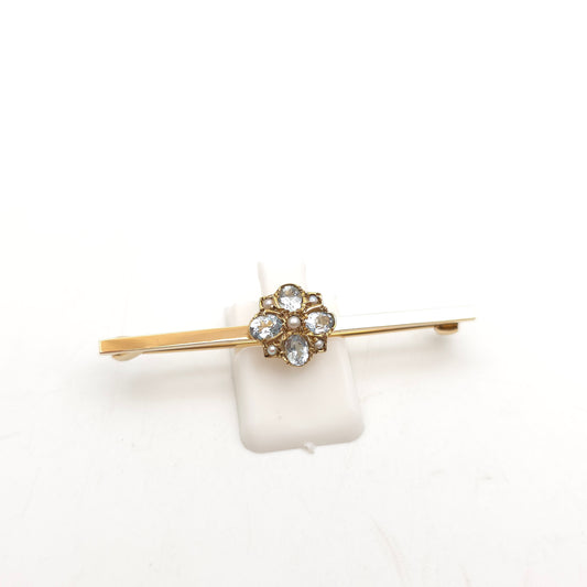 9ct Yellow Gold Vintage Oval Cut Blue Stone And Pearl Repro Bar Brooch