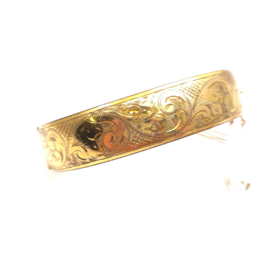 Vintage 9ct Yellow Gold Metal Cored Engraved Patterned Hinged Bangle