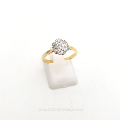 18ct Yellow Gold And Platinum Diamond Set Floral Shaped Head Cluster Ring