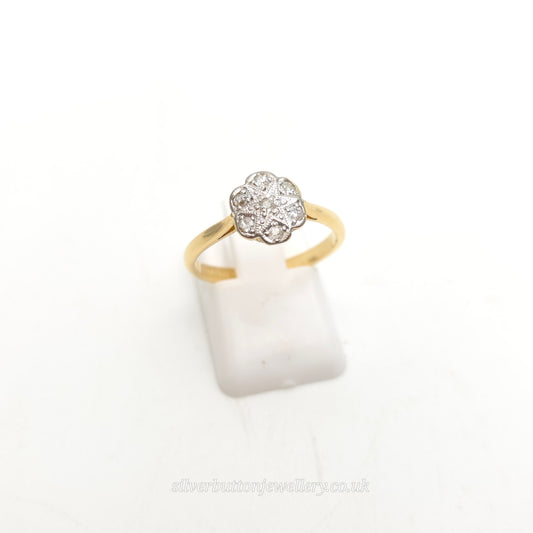 18ct Yellow Gold And Platinum Diamond Set Floral Shaped Head Cluster Ring