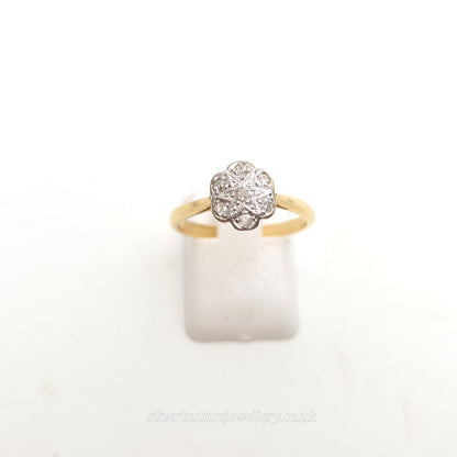 18ct Yellow Gold And Platinum Diamond Set Floral Shaped Head Cluster Ring
