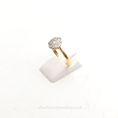 18ct Yellow Gold And Platinum Diamond Set Floral Shaped Head Cluster Ring