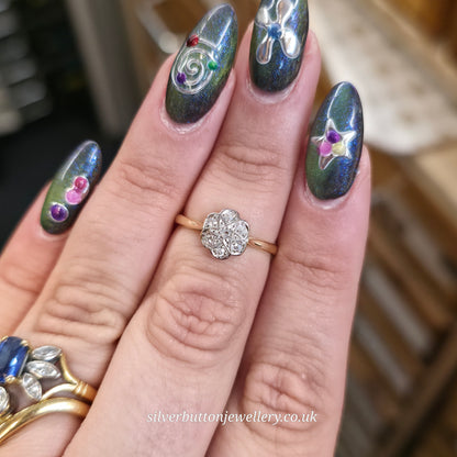 18ct Yellow Gold And Platinum Diamond Set Floral Shaped Head Cluster Ring