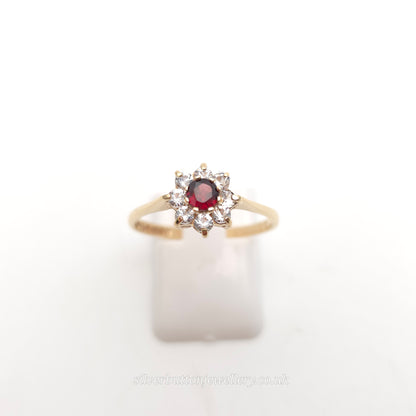 9ct Yellow Gold Traditional Round Cut Garnet And While Stone Cluster Ring